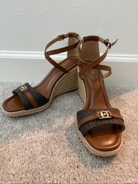 Michael Kors Brown Logo Espadrille Wedge Sandals with Gold Logo